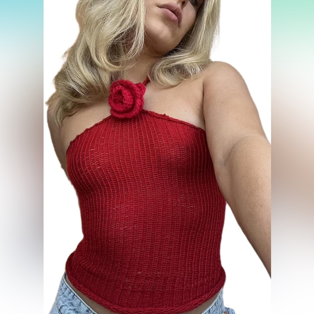 NWT RED CROCHET HALTER CROP TOP WITH FLOWER DESIGN
